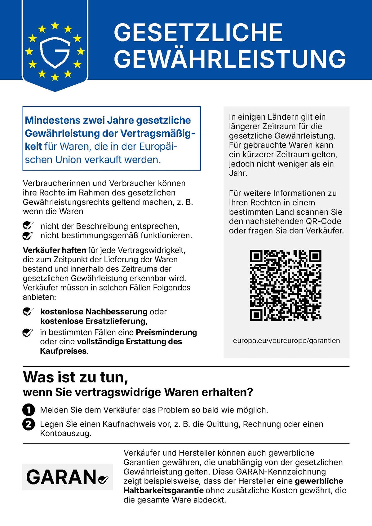 A blue and white 'Legal Guarantee' informational card with text in German about consumer rights for goods sold in the European Union