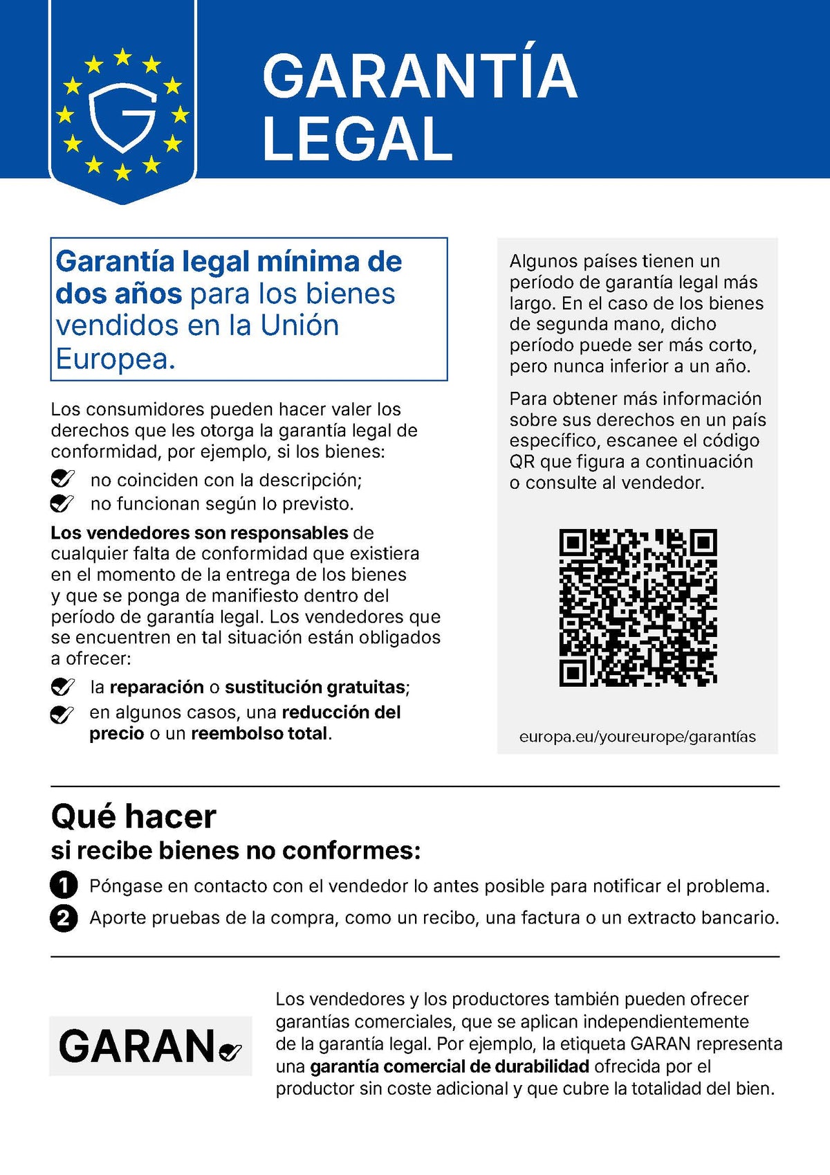 A blue and white 'Legal Guarantee' informational card with text in Spanish about consumer rights for goods sold in the European Union