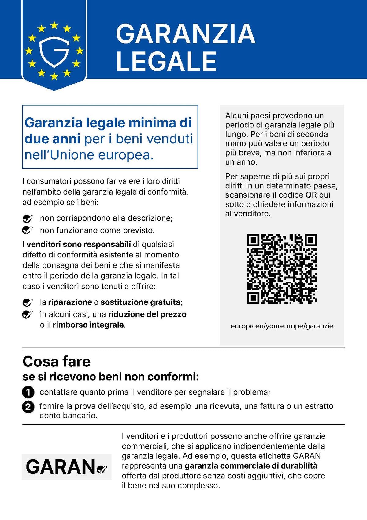 Italian legal information sheet about the minimum warranty for goods sold within the European Union